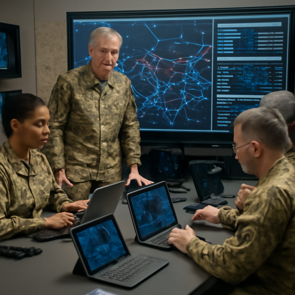 Army personnel in a command center view a unified display of information on a large screen, surrounded by communication…