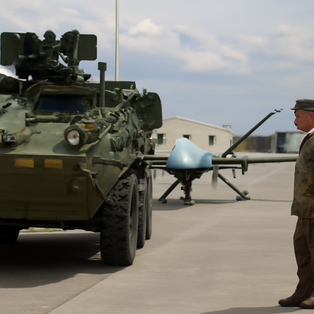 US Army vehicle on a military base with an unmanned system in the background.