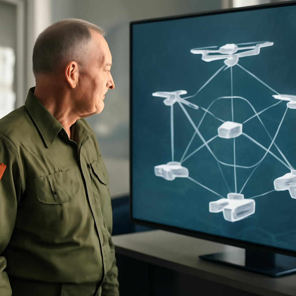 Senior military officer stands in modern office with large screen displaying conceptual integrated unmanned systems.