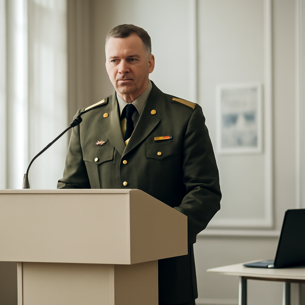 Military official stands at podium in formal briefing room with tall windows.