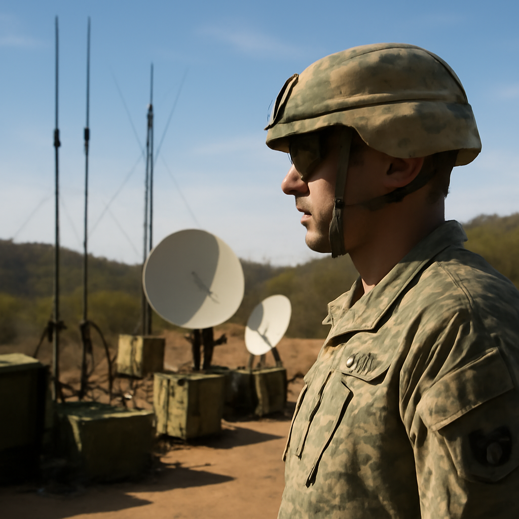 US Army soldier surveys communication equipment at tactical operations center.