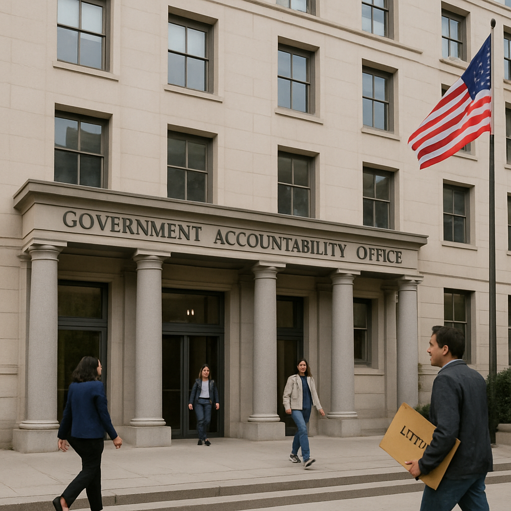 Government Accountability Office building with people walking in and out, a subtle American flag waving, and a protest…