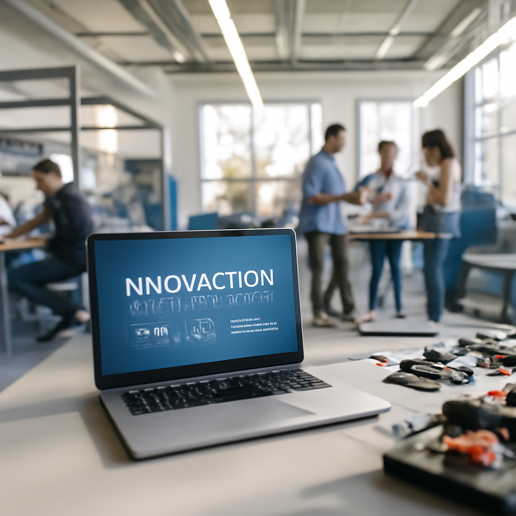 Modern innovation hub interior with industrial and office spaces, people working in background.