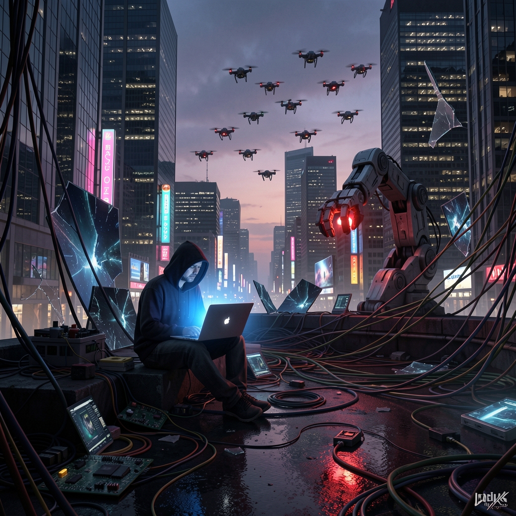 A lone figure in a hoodie works on a laptop surrounded by tech, with a robotic arm emerging from shadows.