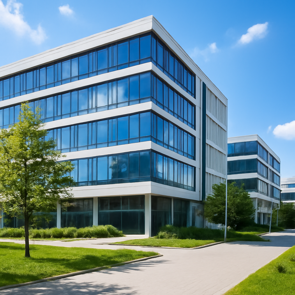 Modern office building exterior in a business district at daytime.