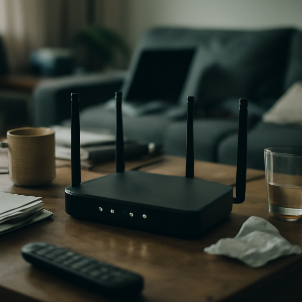 Home router on cluttered living room table with softly glowing lights.