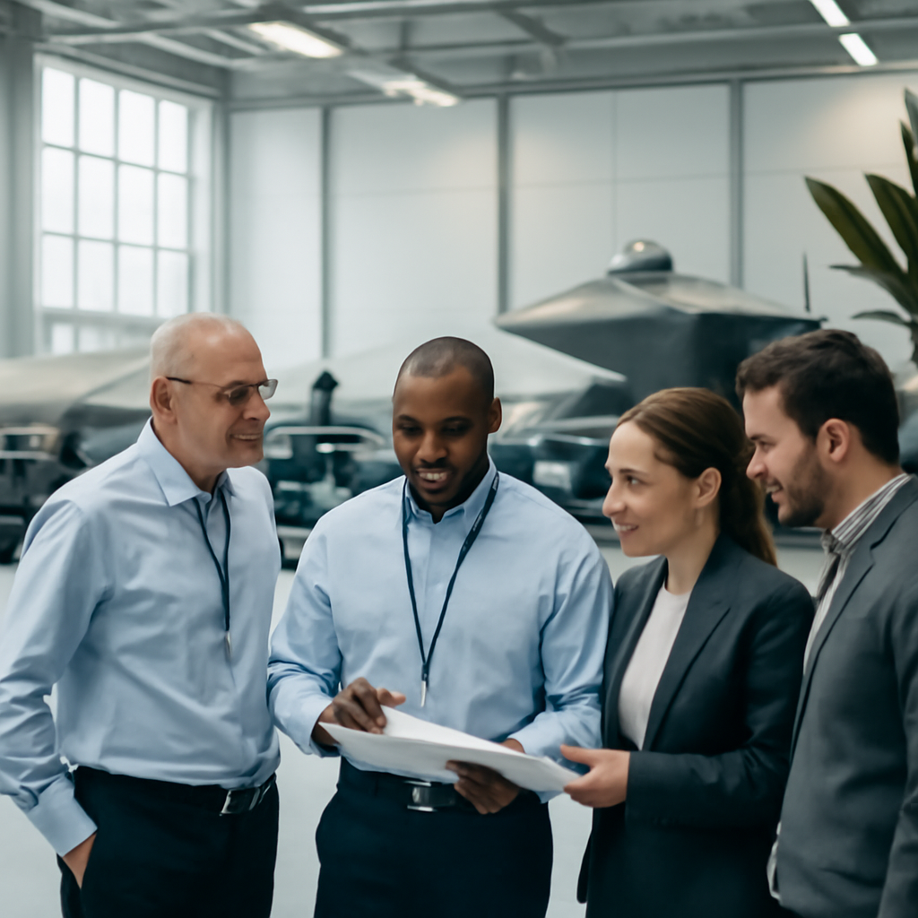 Professionals in a secure facility with defense equipment and technology.