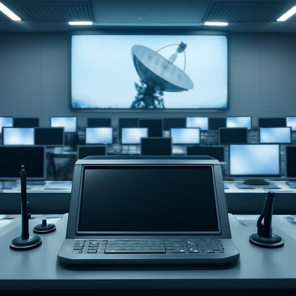 Military communications facility with satellite control center and advanced workstations.