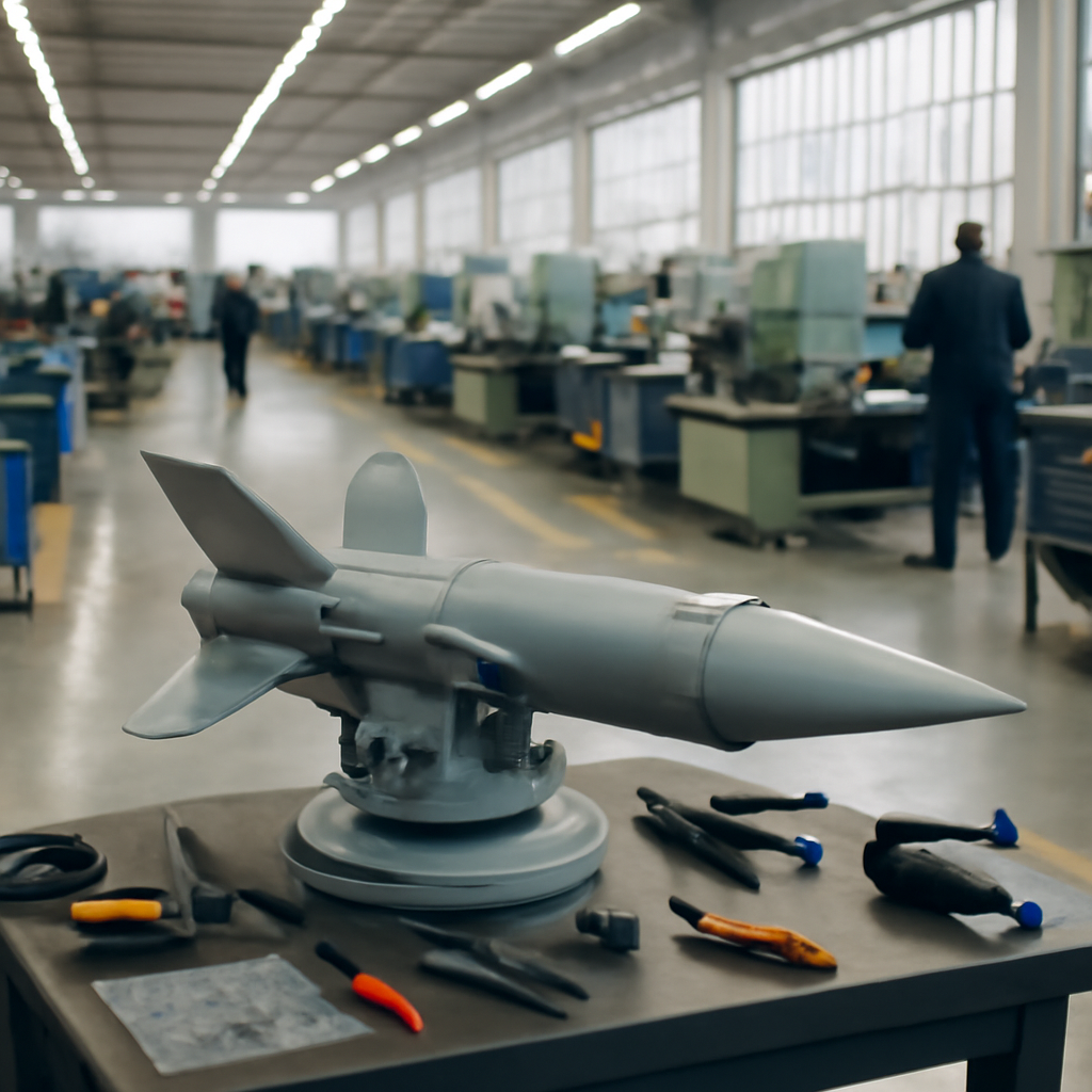 Modern air defence system component on a workstation with industrial machinery in the background.