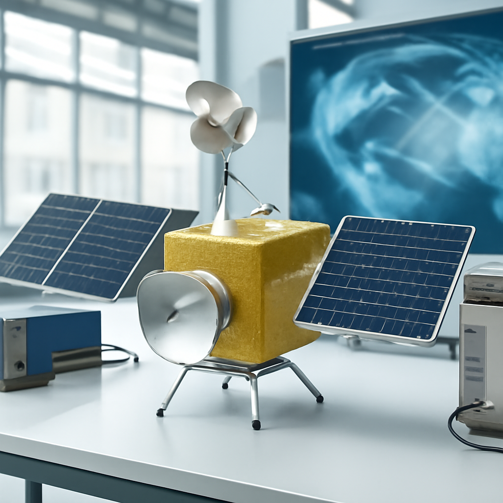Satellite model on a lab table surrounded by communication equipment.