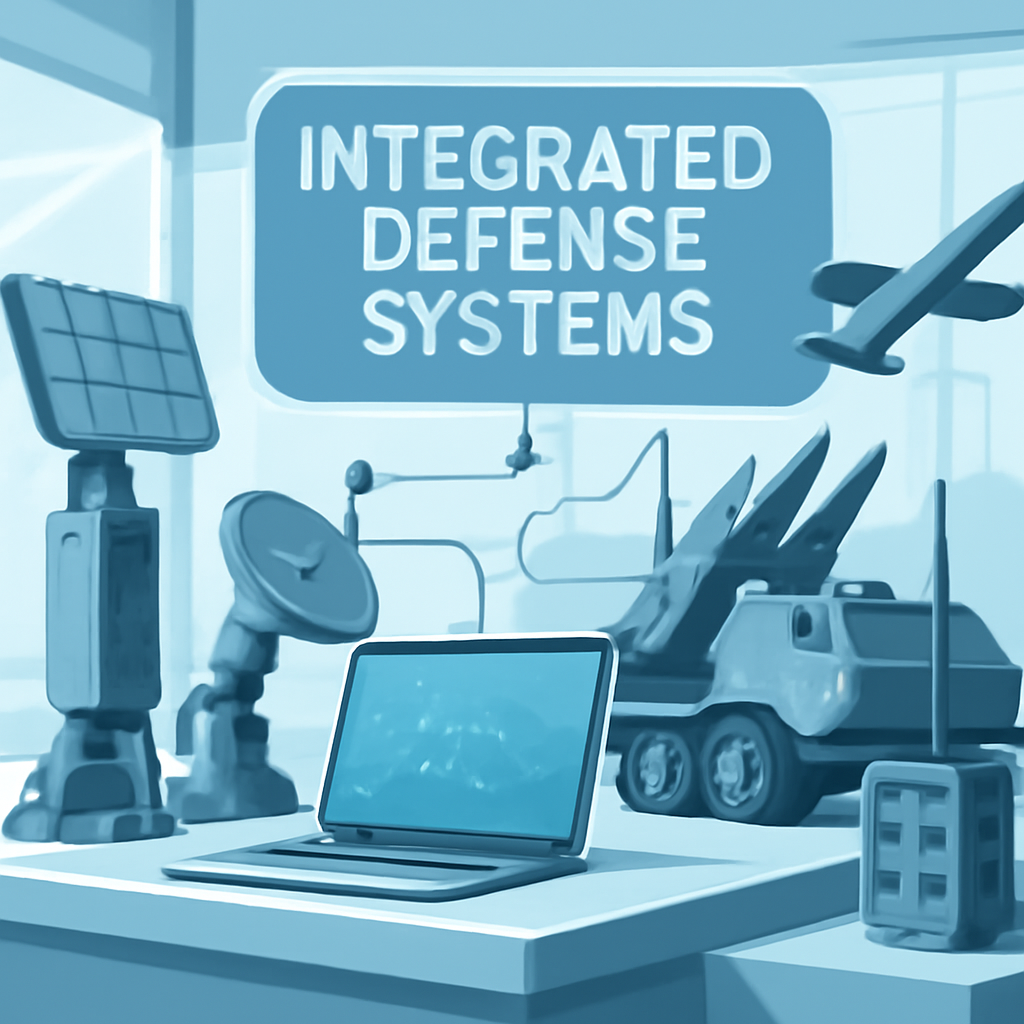 Modern defense technology and communication equipment on display in a layered, networked configuration.