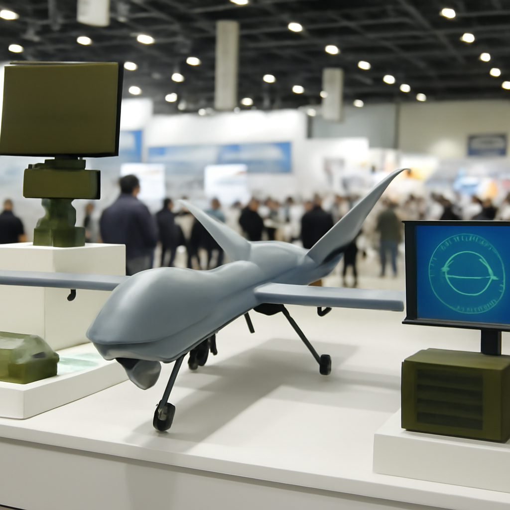 Unmanned aerial vehicle surrounded by radar and sensor equipment at airshow exhibition.