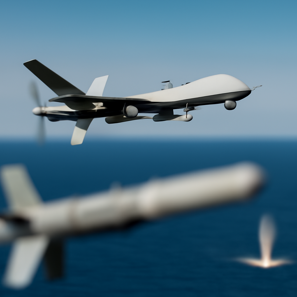 Military aircraft flies over water with guidance kit in foreground and distant target.