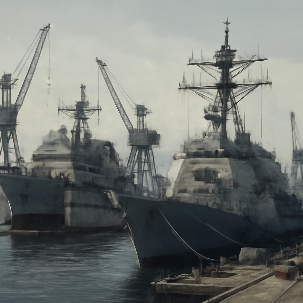 Naval vessels in various states of construction and maintenance at a bustling shipyard with industrial infrastructure.