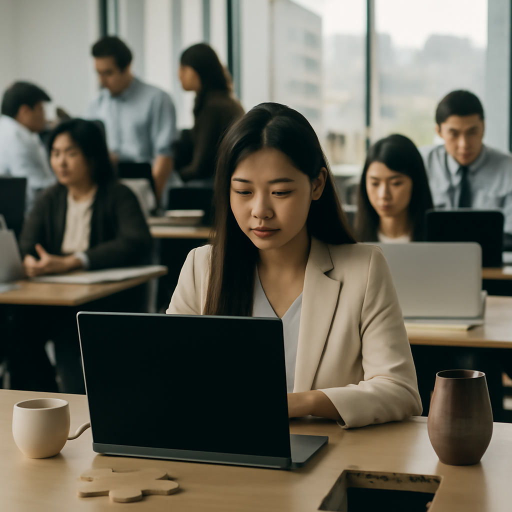 Busy office scene in Asia with people working at desks, some with blank computer screens, and a cityscape visible through a…