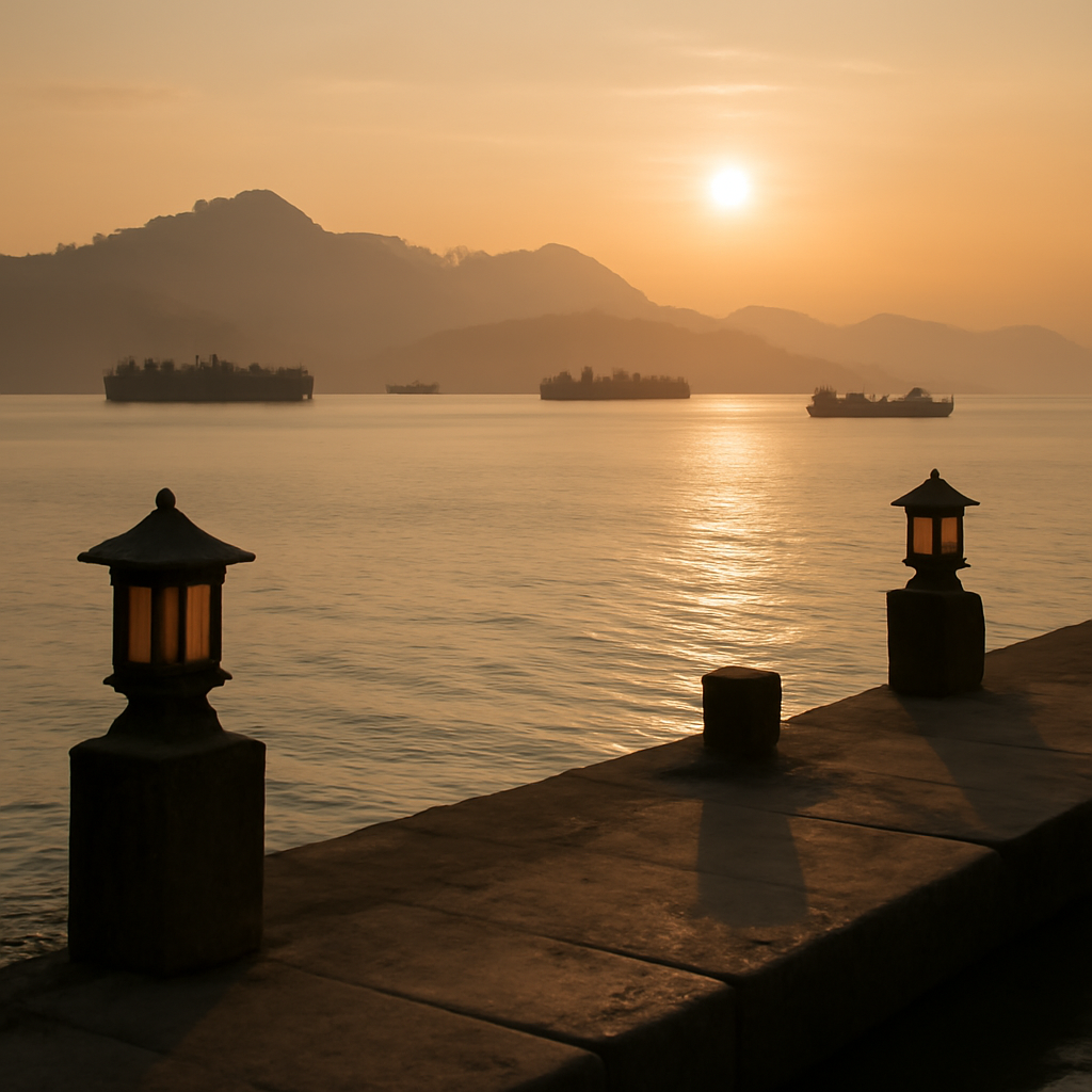 Calm waters with distant ships at sunrise or sunset in a strategic Asian harbor.