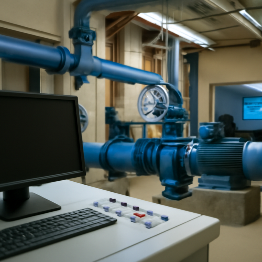 Industrial setting with machinery and equipment at a power plant or utility facility.