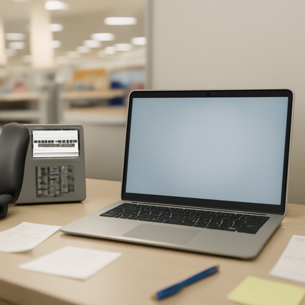 Retail employee workspace with laptop and scattered papers.