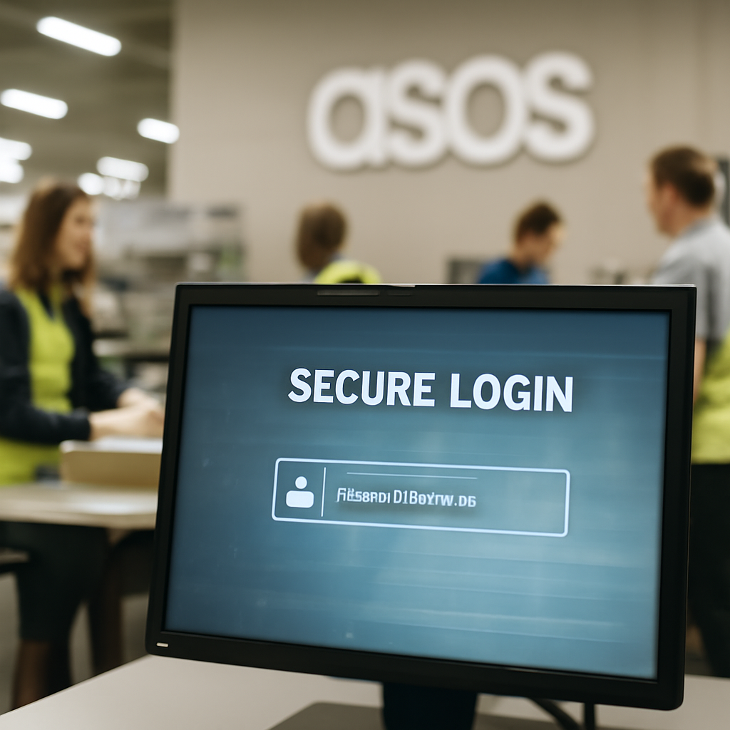 Blurred computer screen and employees in background of ASOS office login area.