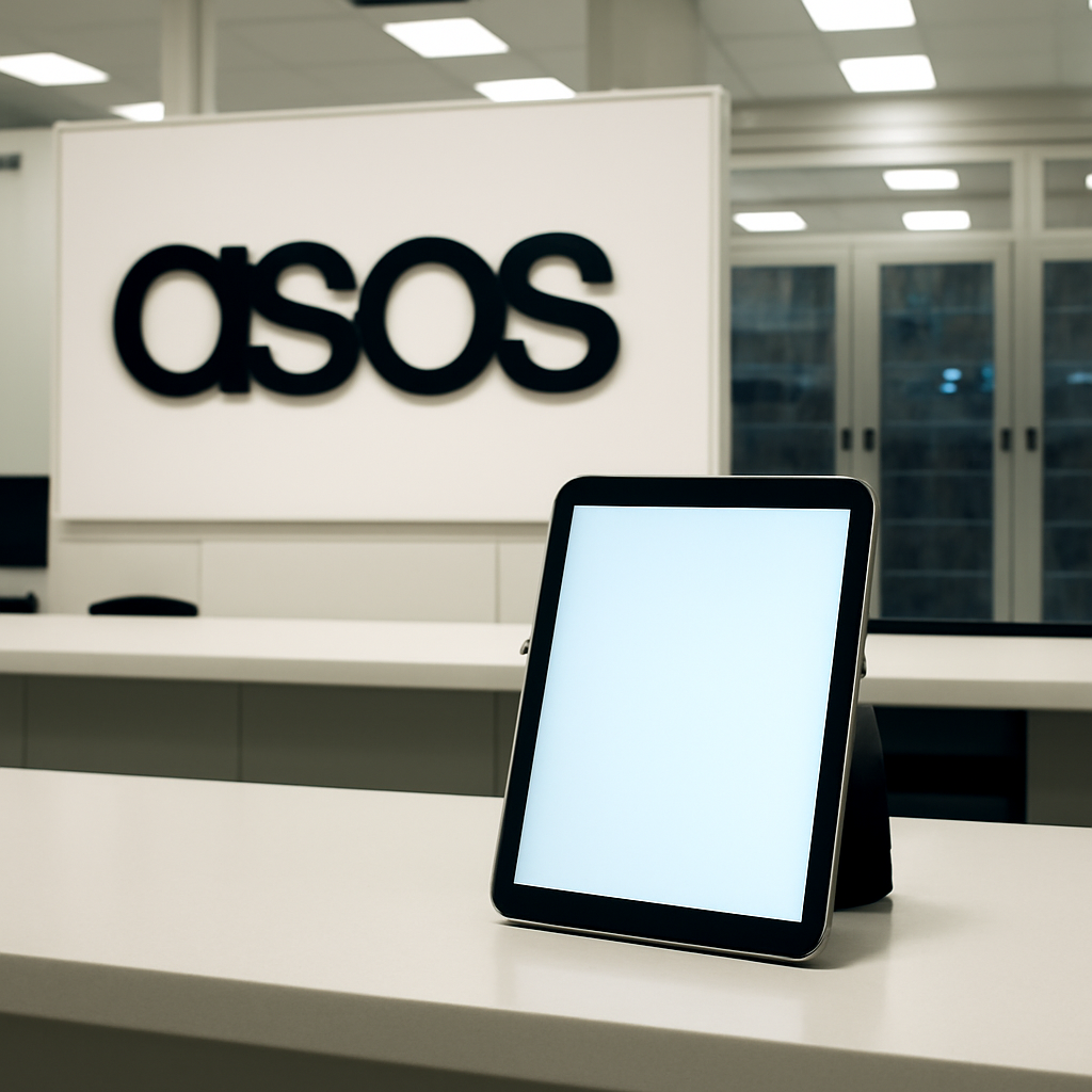 ASOS retail area with a device on a counter and a blurred data center in the background.