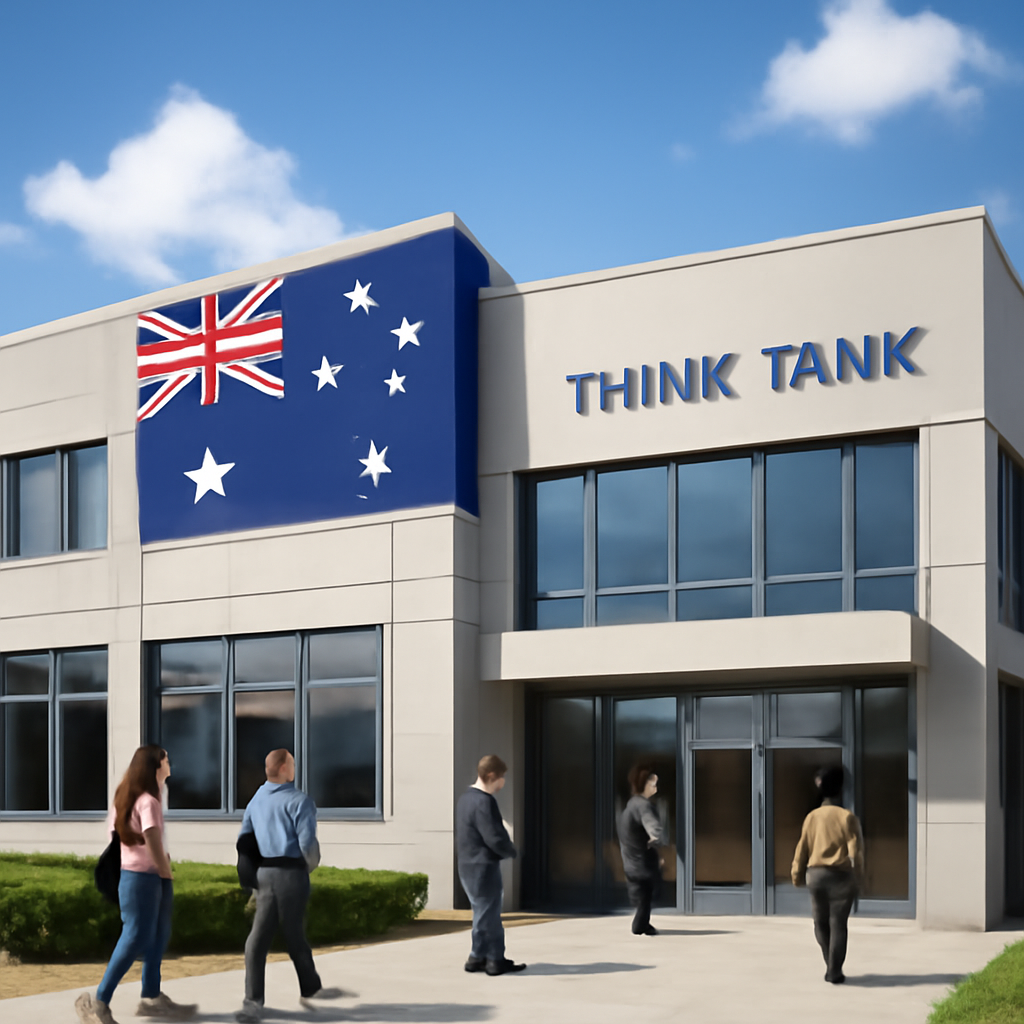 Modern think tank building with Australian flag motif set against blue sky.