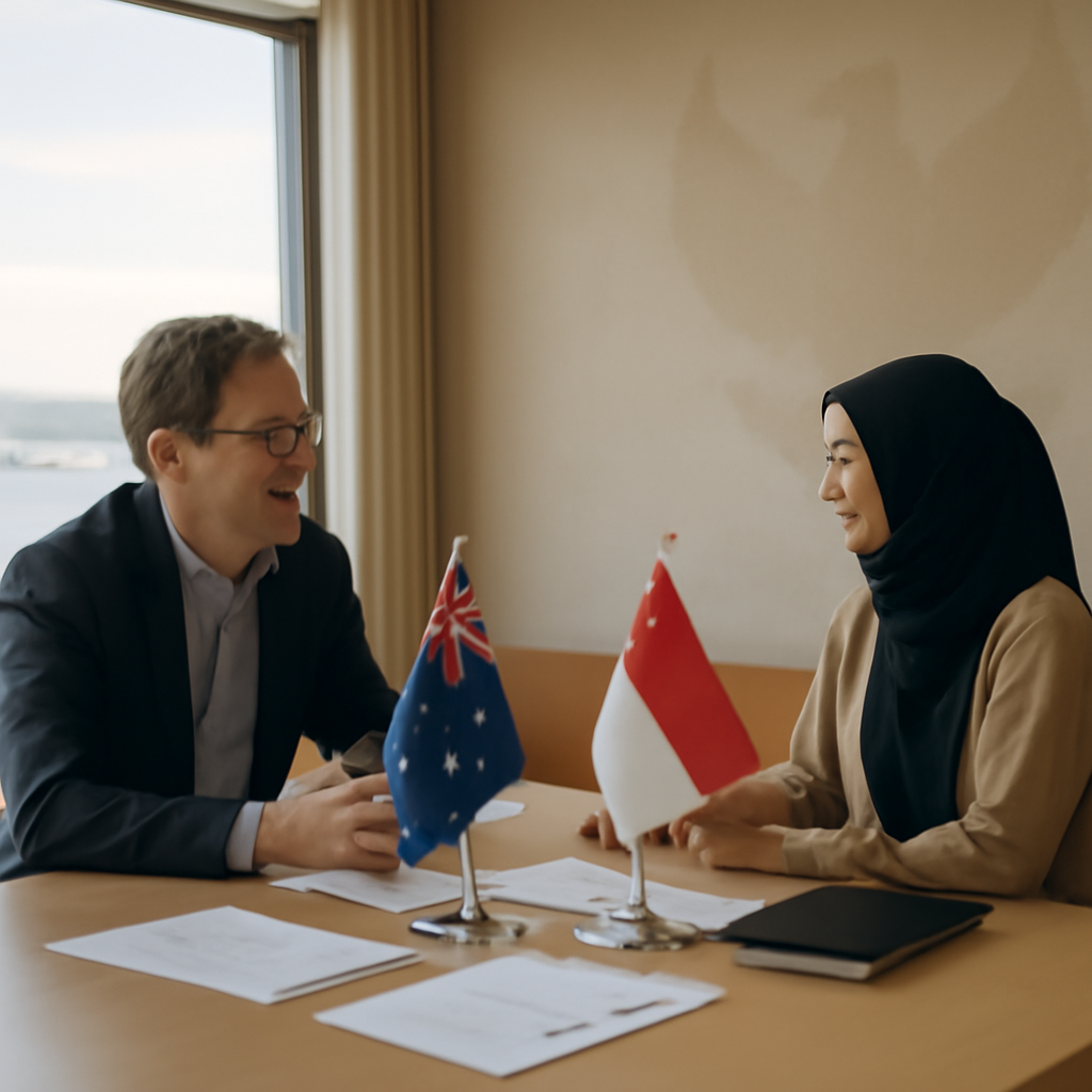 Two people, one Australian and one Indonesian, engaged in conversation at a meeting table overlooking a calm harbor.