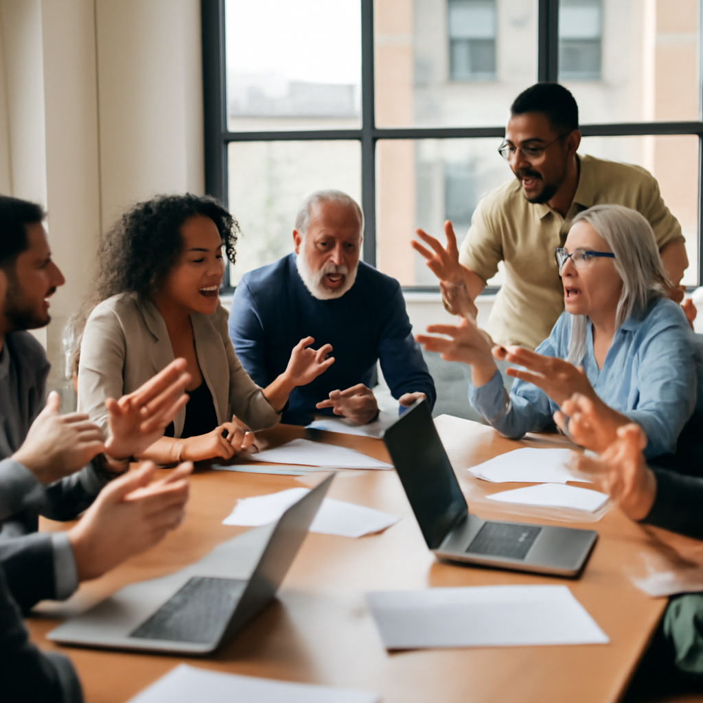 Diverse group discusses national security policy in modern conference room.
