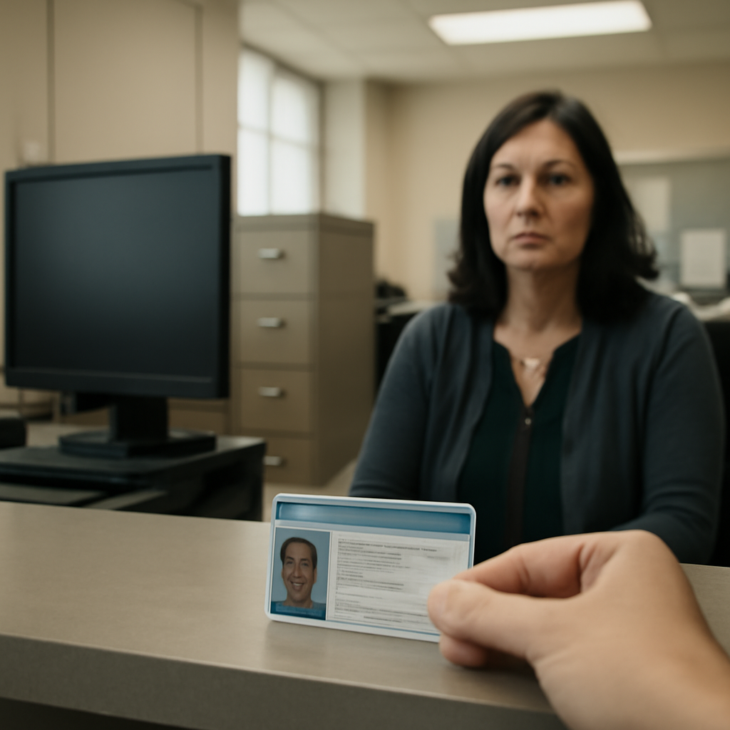 Dimly lit government office with blurred computer screen and hint of ID card.