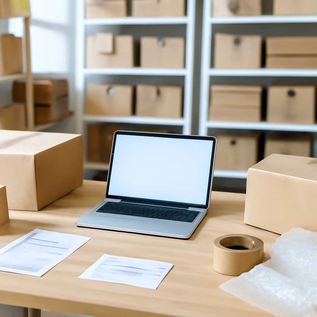 Online store's packing area with shelving, packages, and blurred laptop screen.