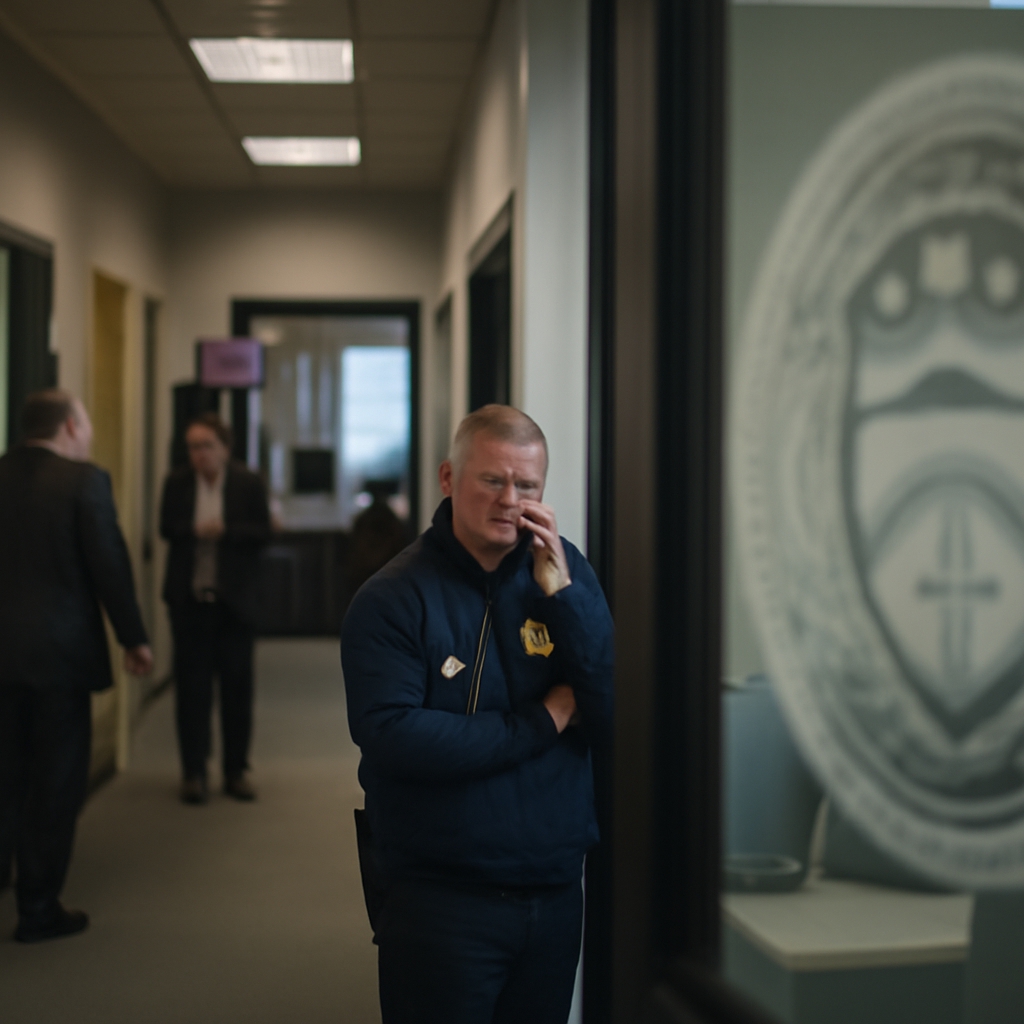 Federal law enforcement facility interior shows signs of concern and disruption.