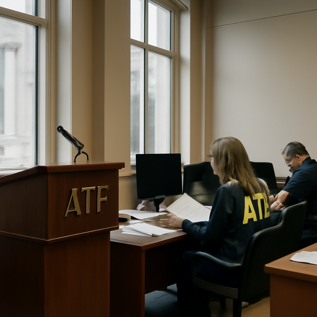Federal law enforcement office with computers and desks in daylight.