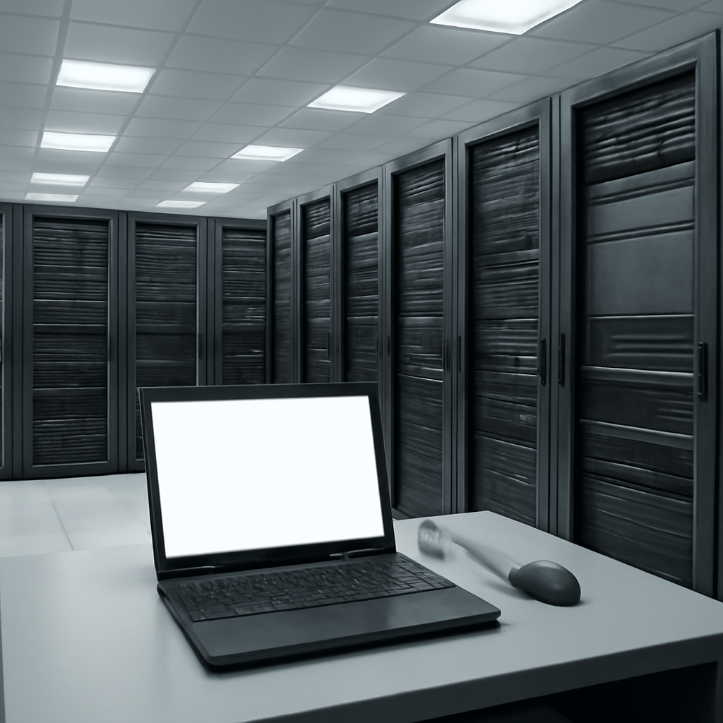 Server room interior with rows of racks and a single workstation.
