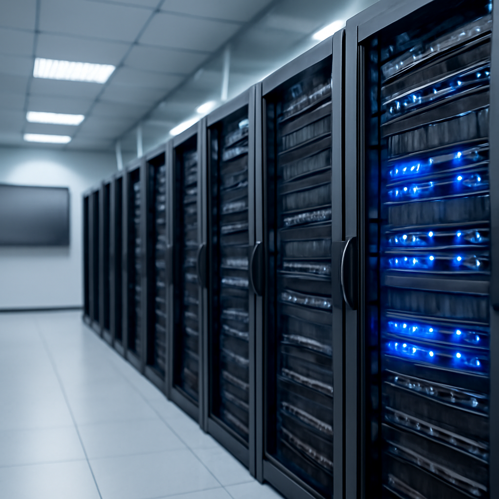 Rows of computer equipment racks and servers in a modern data center, with one server highlighted.