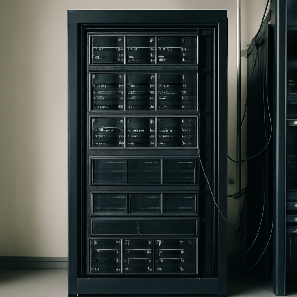Server room with rows of storage systems and cables, lit by ordinary indoor lighting.