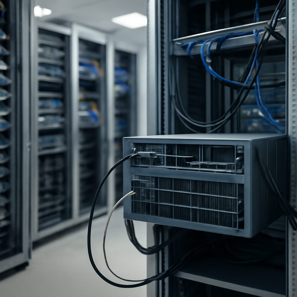 Server room interior with focused equipment and cables.