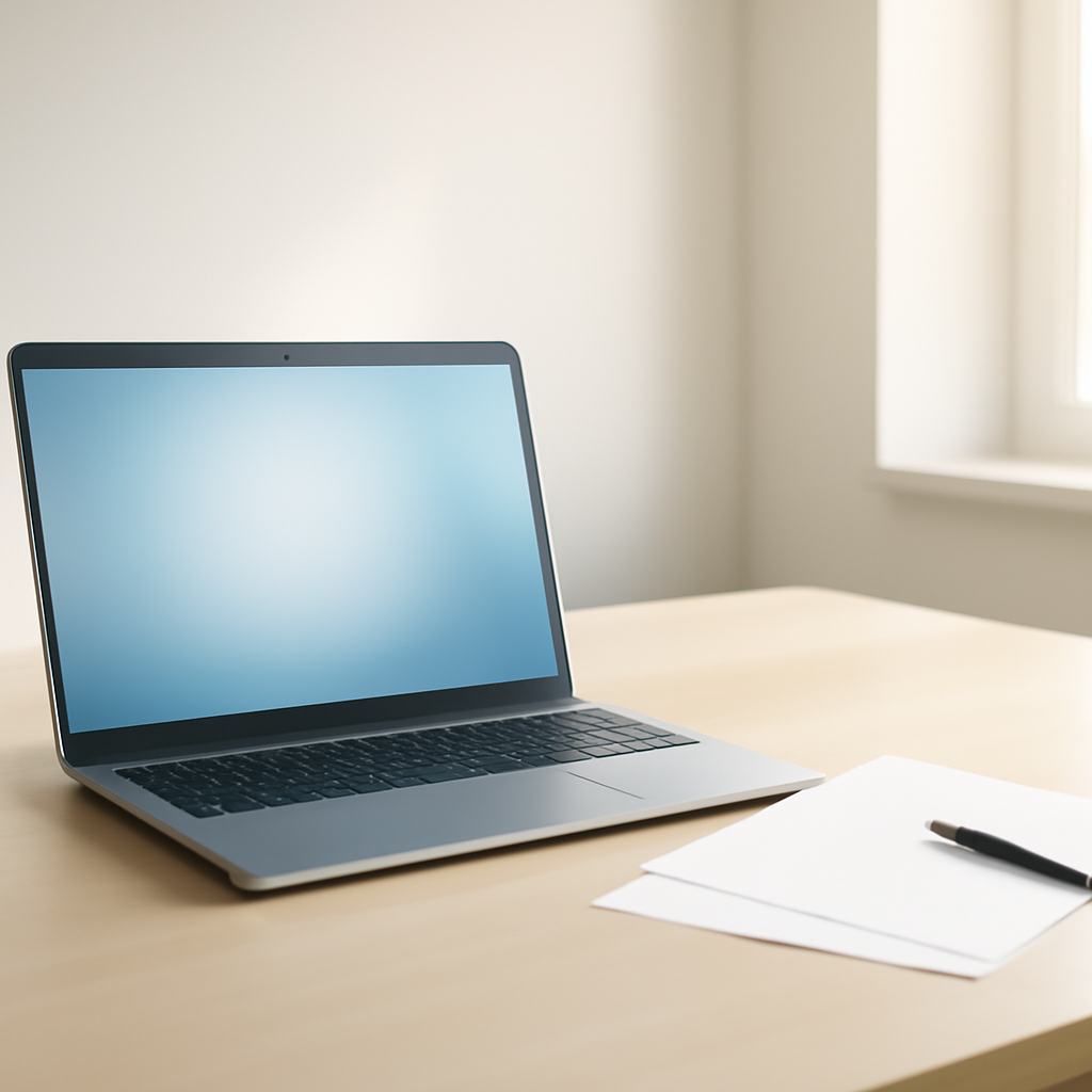 Modern office setting with laptop on desk and blurred screen.