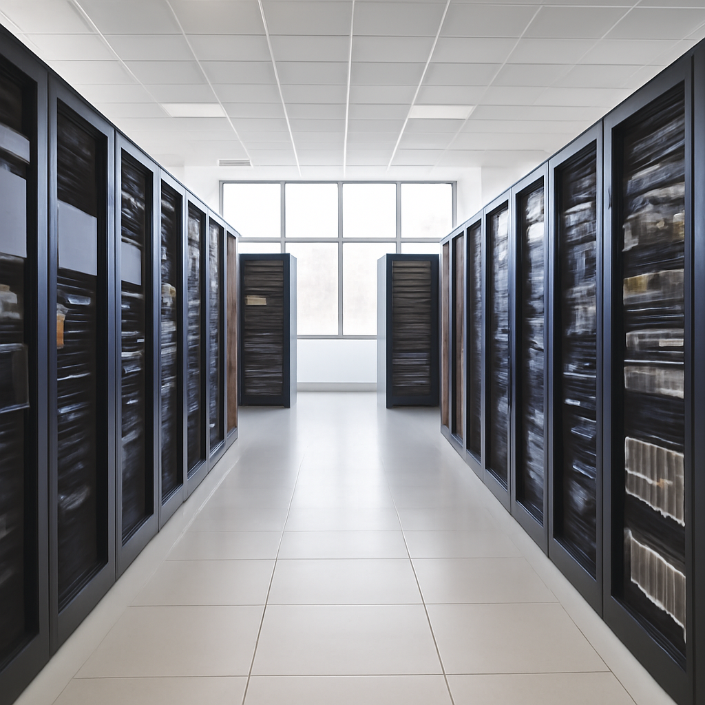 Rows of computer servers and storage equipment in a brightly-lit, empty server room with daylight coming in through tall…