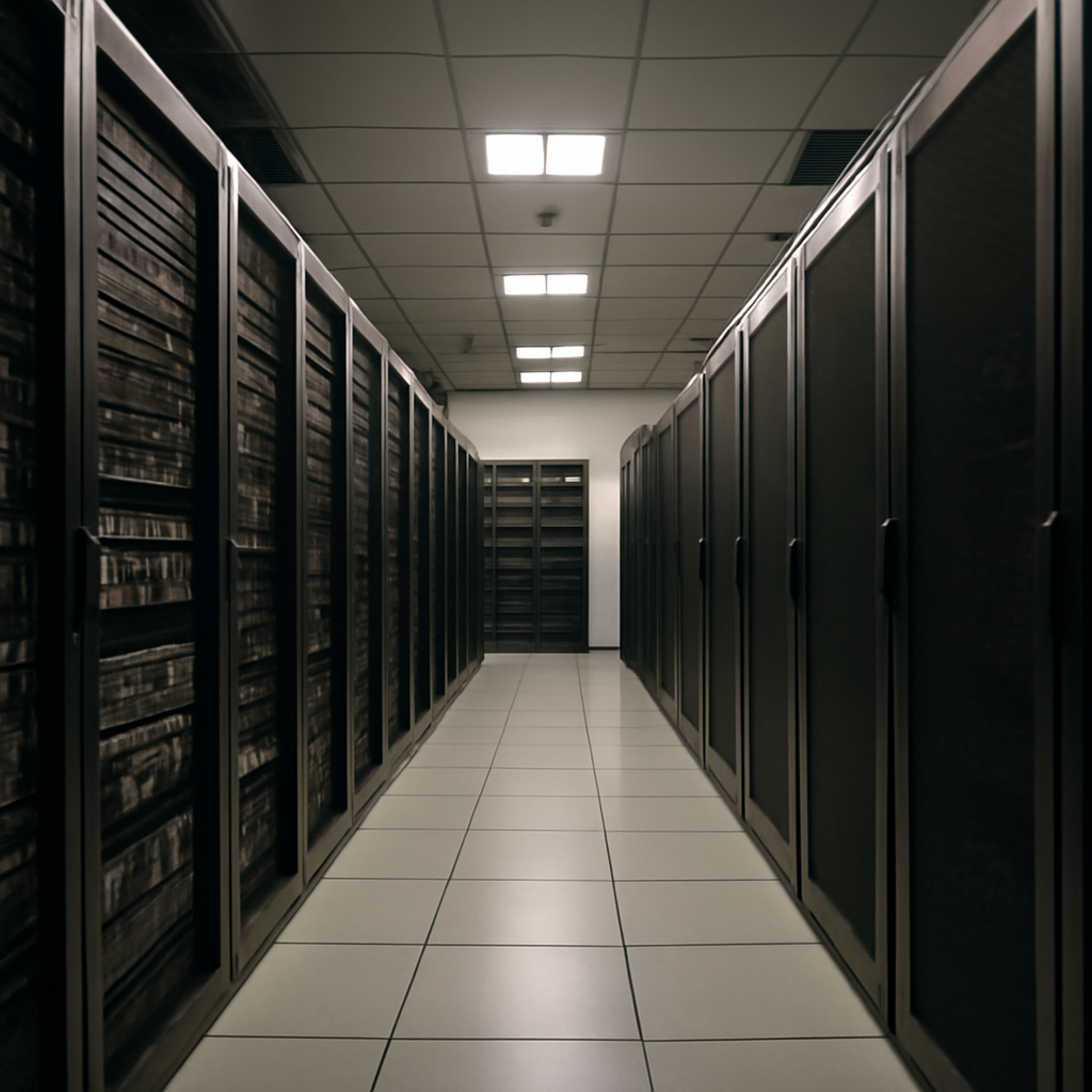 Rows of computer servers and storage equipment in a bright, neutrally lit datacenter interior.