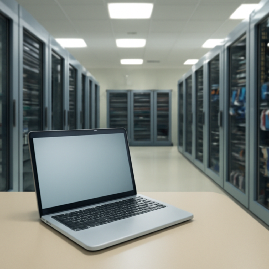 Rows of computer servers and networking equipment in a brightly-lit data center with a single laptop in the foreground.