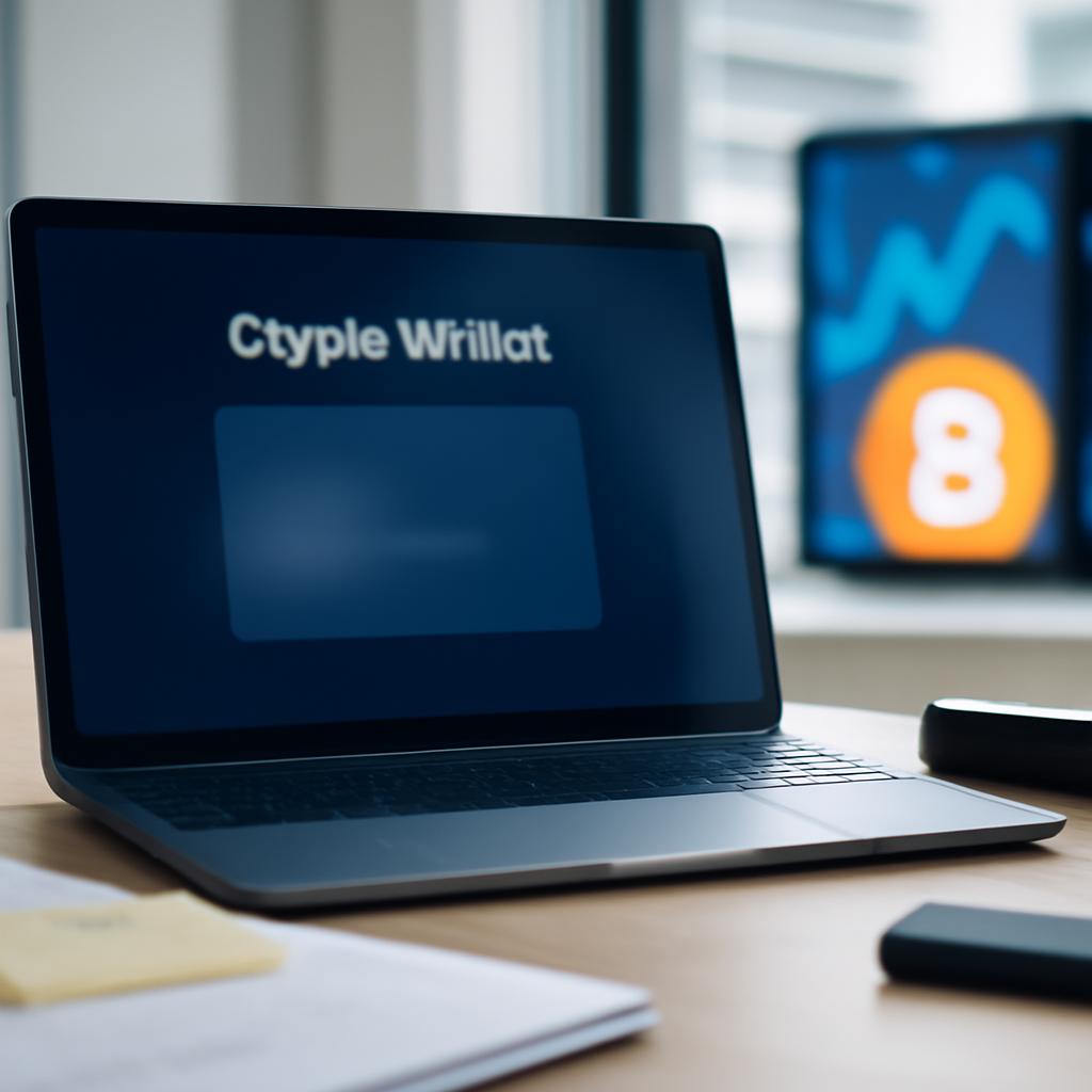 Crypto wallet and related technology on a desk in a brightly-lit office space.