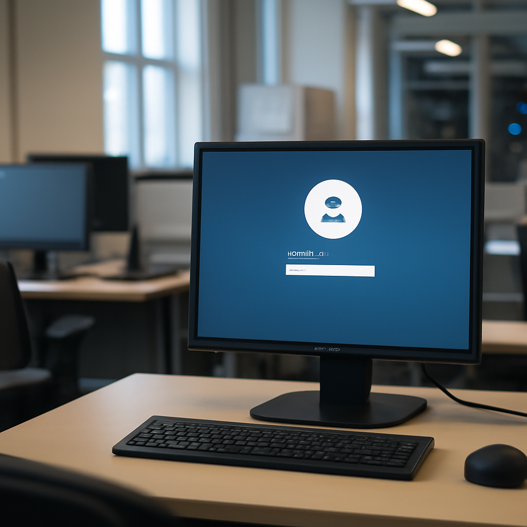 Windows office workstations with computers and monitors in daylight-lit setting, highlighting potential vulnerabilities in…