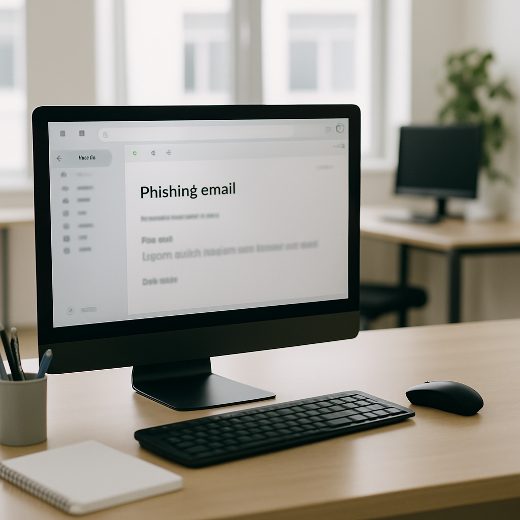 Blurred computer screen in a bright office setting with a suspicious email message on screen.