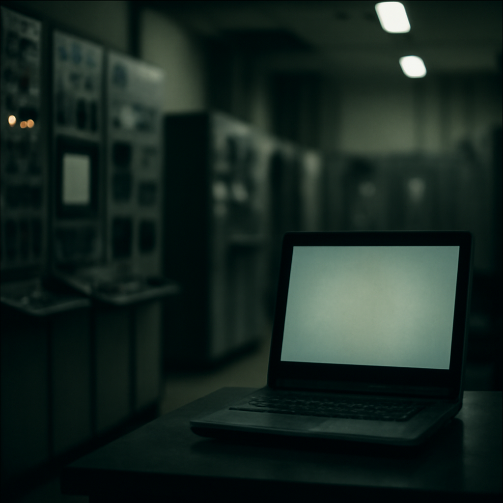 Dimly lit server room with rows of equipment and a single isolated computer terminal in the foreground.