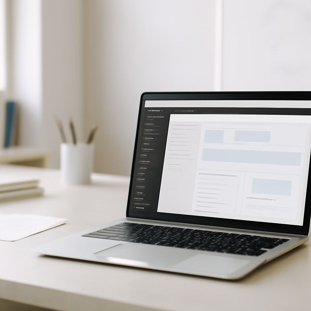 WordPress website management dashboard on a clean surface with a laptop and blurred screen.