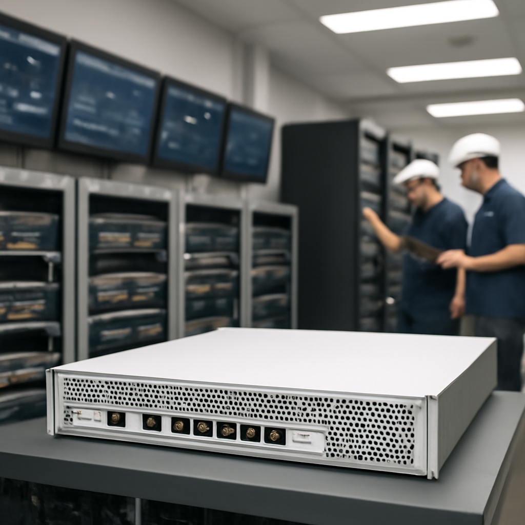 Technicians work on equipment in the background of a brightly-lit network operations center with rows of computer racks.