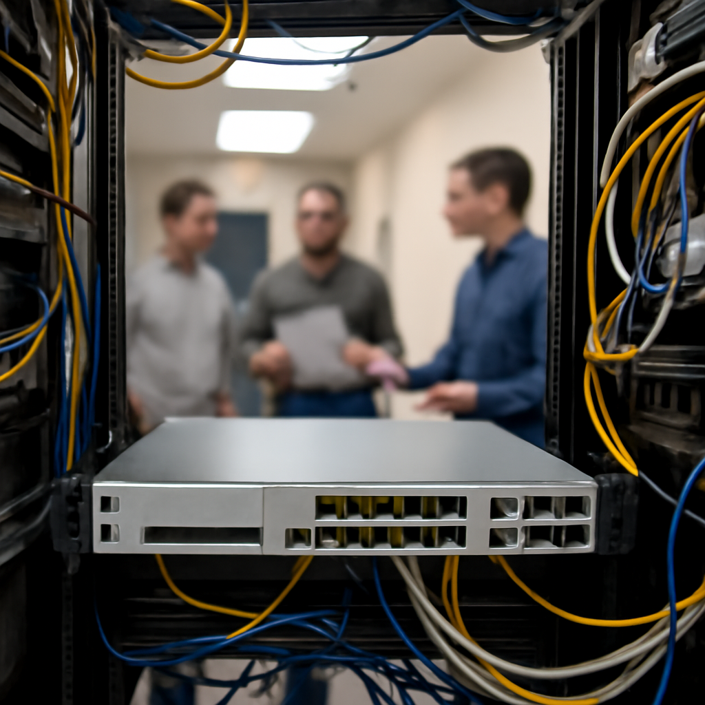 F5 BIG-IP network appliance on a rack with cables and technicians in the background.