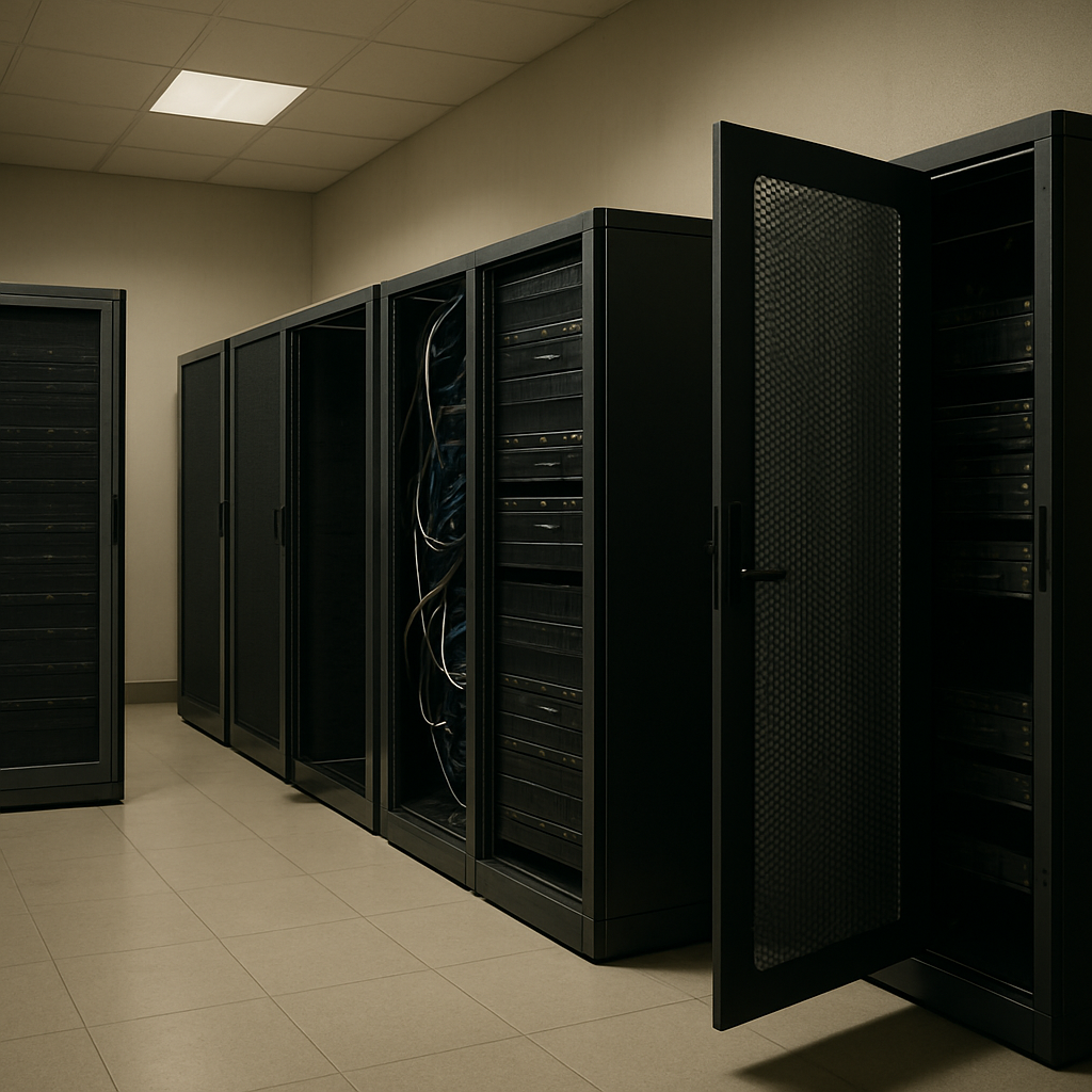 Rows of server racks with open panels and exposed cabling in a neutral-colored data center.