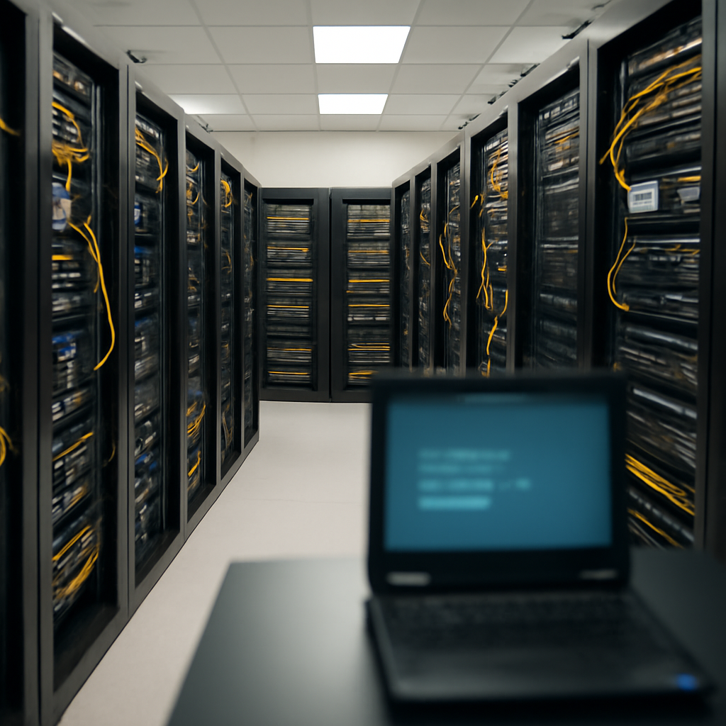 Rows of rack-mounted servers and cables in a brightly-lit data center facility.