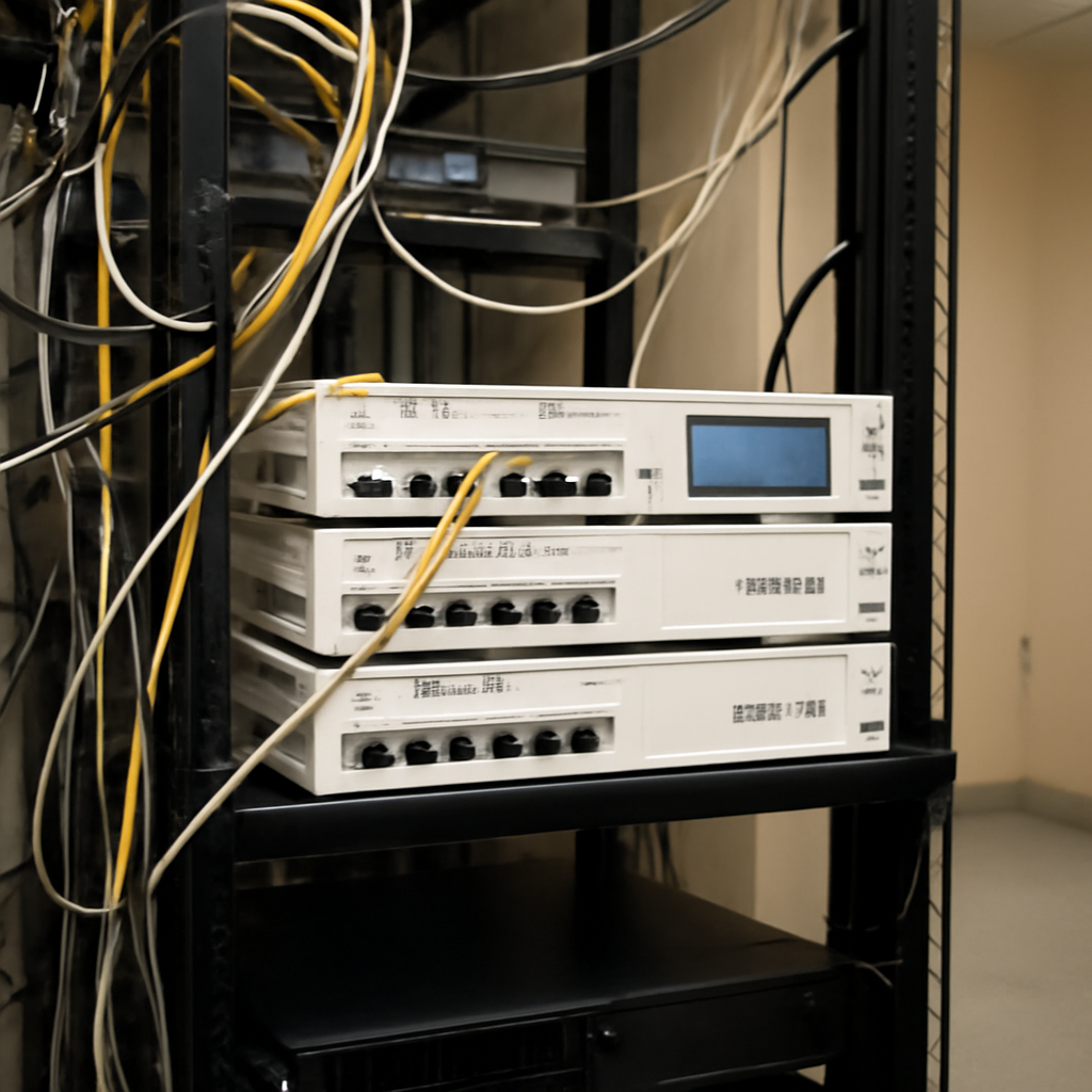 MikroTik routers on a rack surrounded by cables and networking equipment.