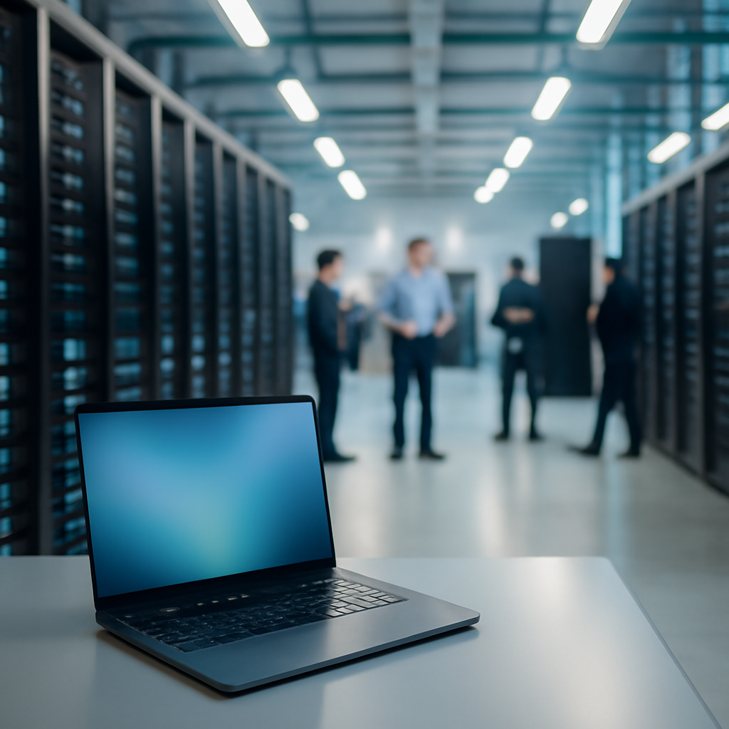 Brightly-lit cloud computing data center with rows of servers and technicians in the background, and a laptop screen on a…